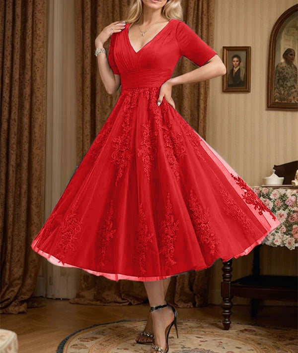 A-line V-Neck Tea-Length Tulle Lace Mother of the Bride Dress With Pleated