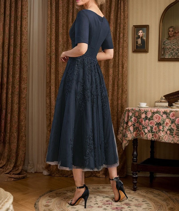 A-line V-Neck Tea-Length Tulle Lace Mother of the Bride Dress With Pleated