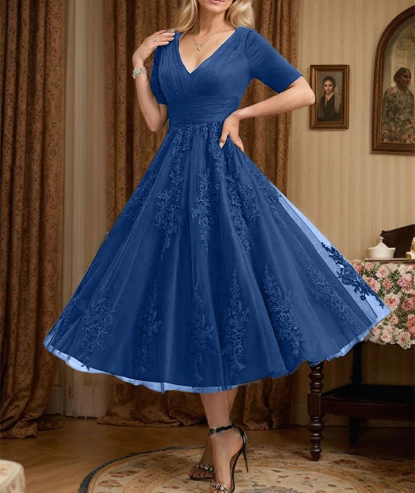 A-line V-Neck Tea-Length Tulle Lace Mother of the Bride Dress With Pleated