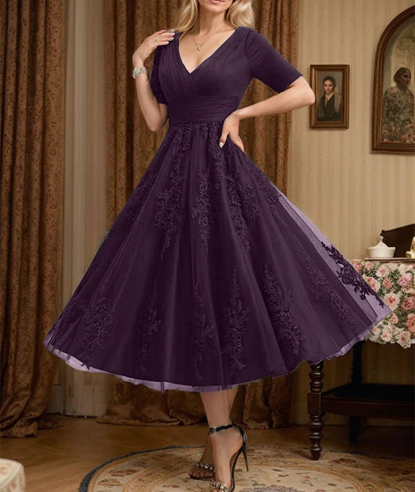 A-line V-Neck Tea-Length Tulle Lace Mother of the Bride Dress With Pleated