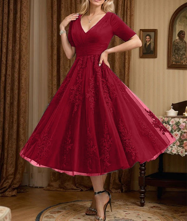 A-line V-Neck Tea-Length Tulle Lace Mother of the Bride Dress With Pleated