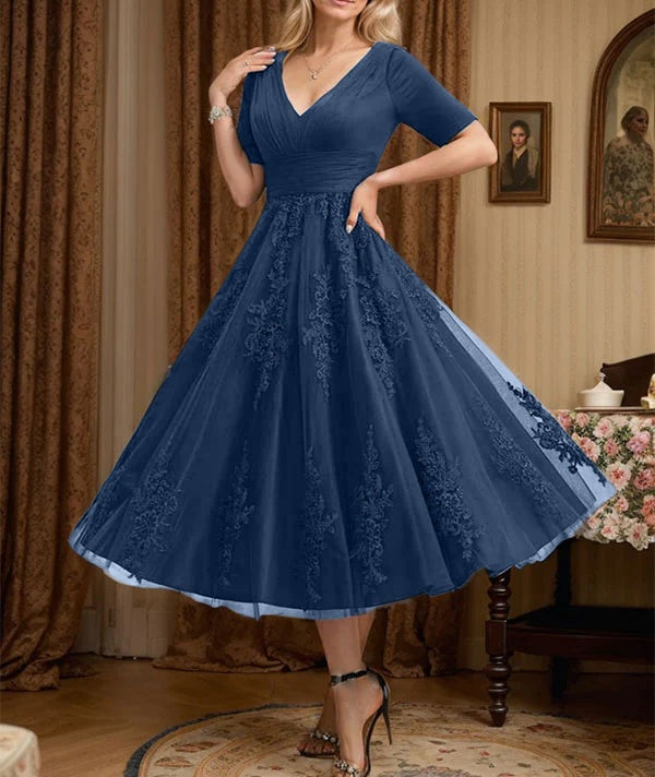 A-line V-Neck Tea-Length Tulle Lace Mother of the Bride Dress With Pleated