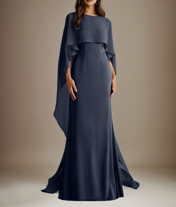 Sheath/Column Boatneck Floor-Length Chiffon Mother of the Bride Dress With Cascading Ruffles