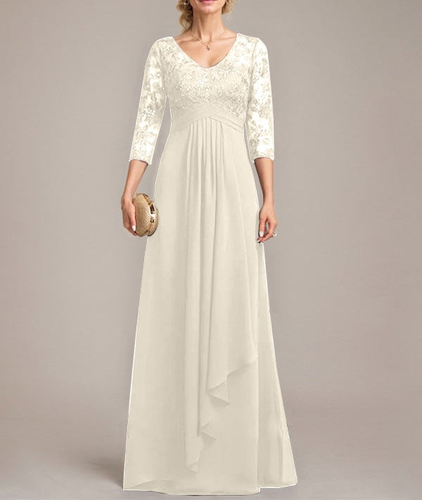 A-line V-Neck Floor-Length Lace Chiffon Mother of the Bride Dress With Cascading Ruffles Sequins