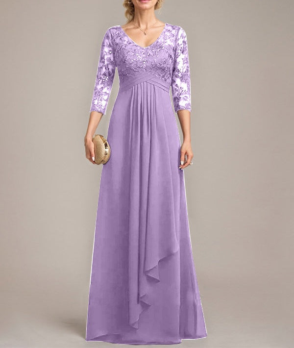 A-line V-Neck Floor-Length Lace Chiffon Mother of the Bride Dress With Cascading Ruffles Sequins