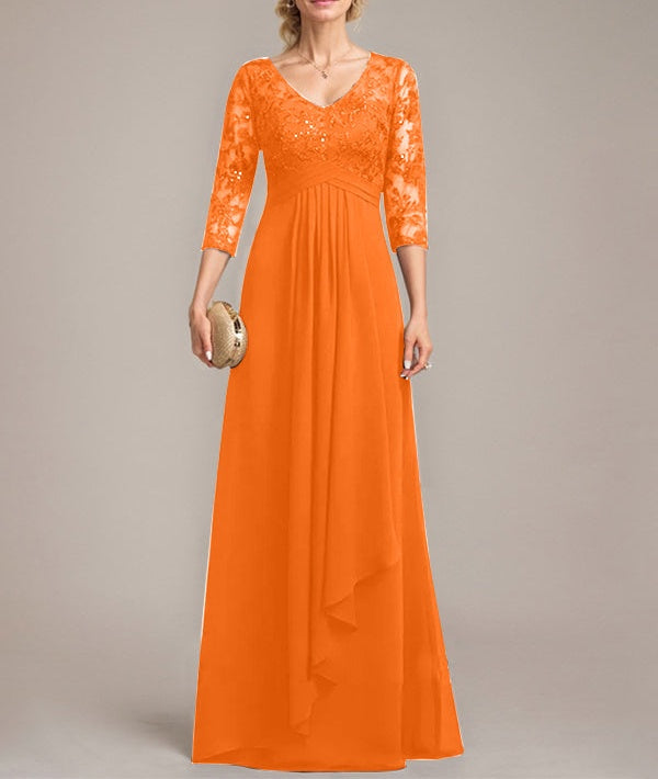 A-line V-Neck Floor-Length Lace Chiffon Mother of the Bride Dress With Cascading Ruffles Sequins