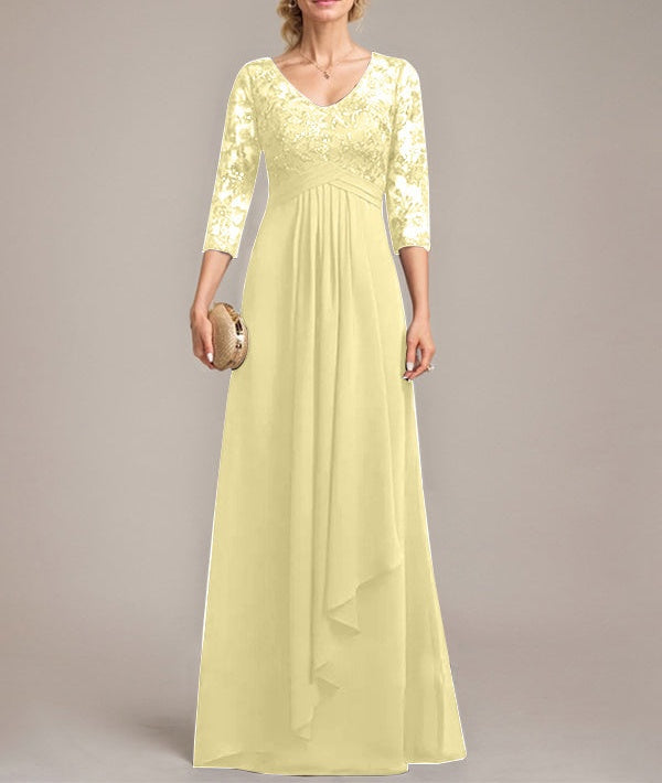 A-line V-Neck Floor-Length Lace Chiffon Mother of the Bride Dress With Cascading Ruffles Sequins
