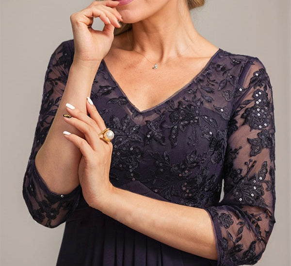 A-line V-Neck Floor-Length Lace Chiffon Mother of the Bride Dress With Cascading Ruffles Sequins