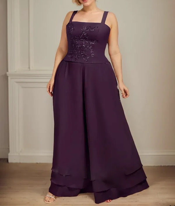 Separates Jumpsuit/Pantsuit Square Ankle-Length Lace Chiffon Mother of the Bride Dress With Sequins