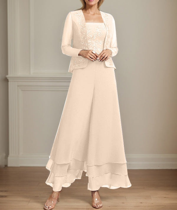 Separates Jumpsuit/Pantsuit Square Ankle-Length Lace Chiffon Mother of the Bride Dress With Sequins