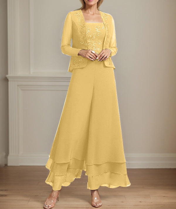 Separates Jumpsuit/Pantsuit Square Ankle-Length Lace Chiffon Mother of the Bride Dress With Sequins