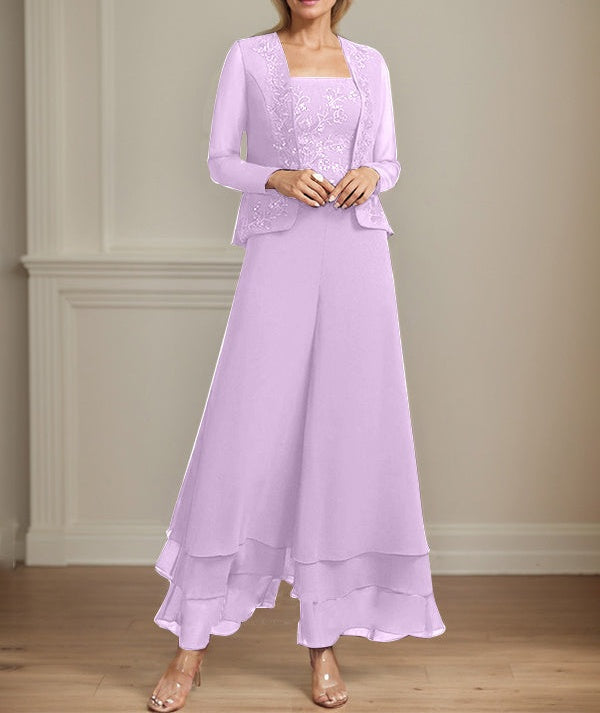 Separates Jumpsuit/Pantsuit Square Ankle-Length Lace Chiffon Mother of the Bride Dress With Sequins
