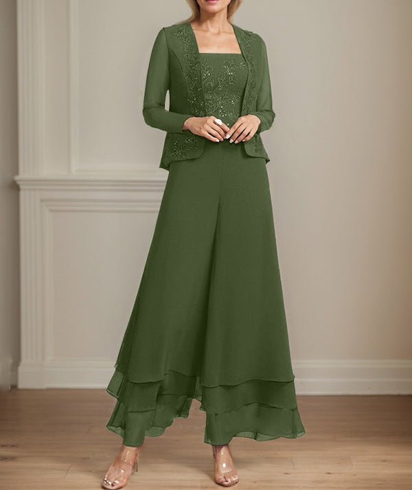 Separates Jumpsuit/Pantsuit Square Ankle-Length Lace Chiffon Mother of the Bride Dress With Sequins