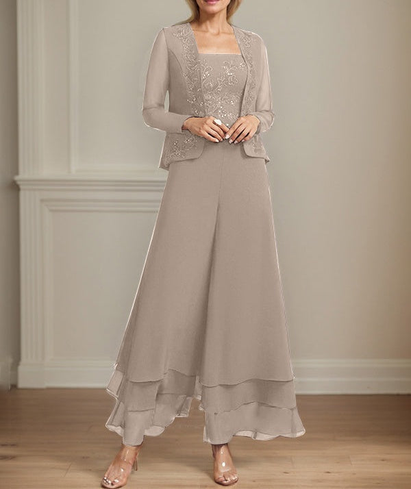 Separates Jumpsuit/Pantsuit Square Ankle-Length Lace Chiffon Mother of the Bride Dress With Sequins
