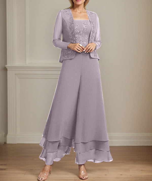 Separates Jumpsuit/Pantsuit Square Ankle-Length Lace Chiffon Mother of the Bride Dress With Sequins