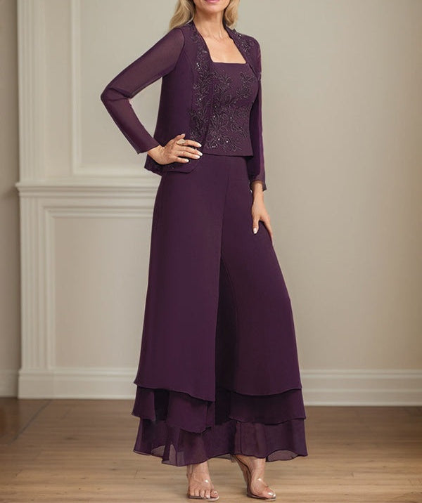 Separates Jumpsuit/Pantsuit Square Ankle-Length Lace Chiffon Mother of the Bride Dress With Sequins