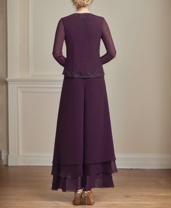 Separates Jumpsuit/Pantsuit Square Ankle-Length Lace Chiffon Mother of the Bride Dress With Sequins