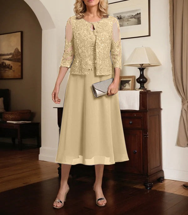 A-line Scoop Tea-Length Lace Chiffon Mother of the Bride Dress With Sequins
