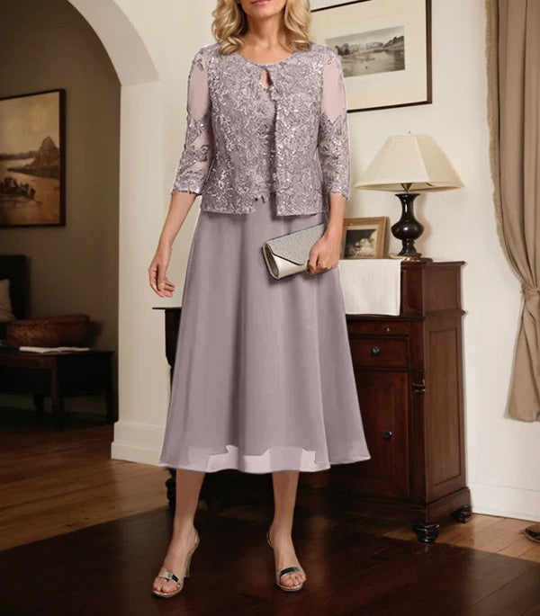 A-line Scoop Tea-Length Lace Chiffon Mother of the Bride Dress With Sequins