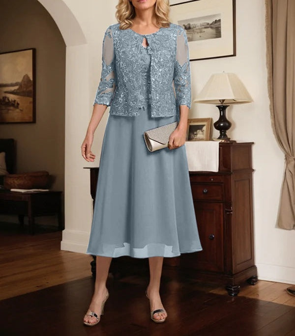 A-line Scoop Tea-Length Lace Chiffon Mother of the Bride Dress With Sequins