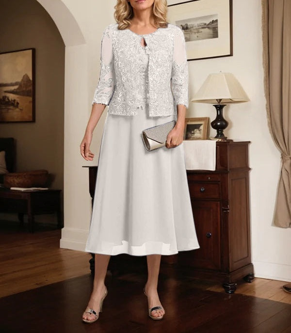 A-line Scoop Tea-Length Lace Chiffon Mother of the Bride Dress With Sequins