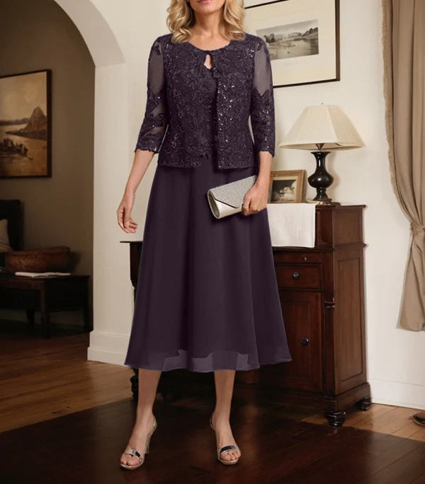 A-line Scoop Tea-Length Lace Chiffon Mother of the Bride Dress With Sequins