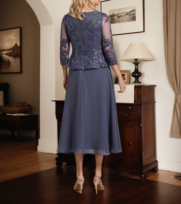 A-line Scoop Tea-Length Lace Chiffon Mother of the Bride Dress With Sequins