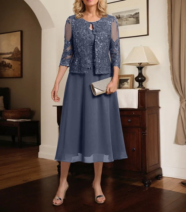 A-line Scoop Tea-Length Lace Chiffon Mother of the Bride Dress With Sequins