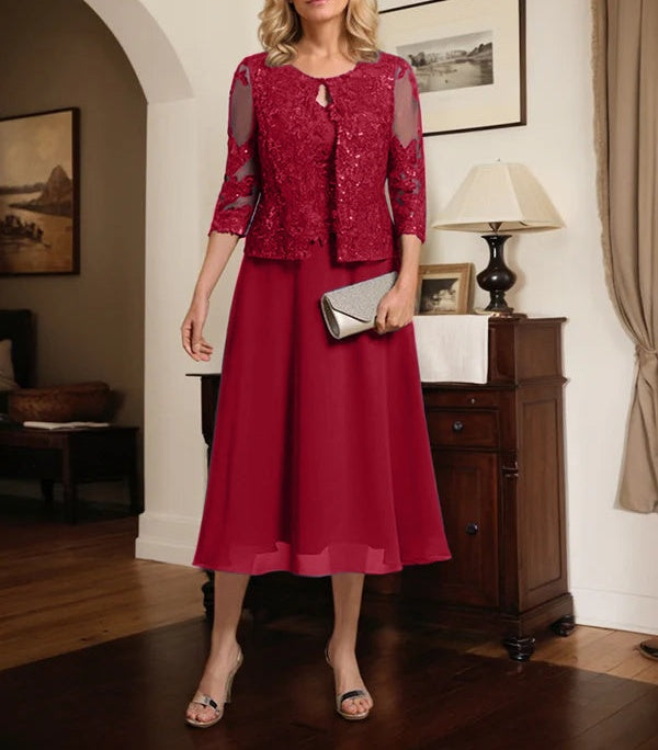 A-line Scoop Tea-Length Lace Chiffon Mother of the Bride Dress With Sequins