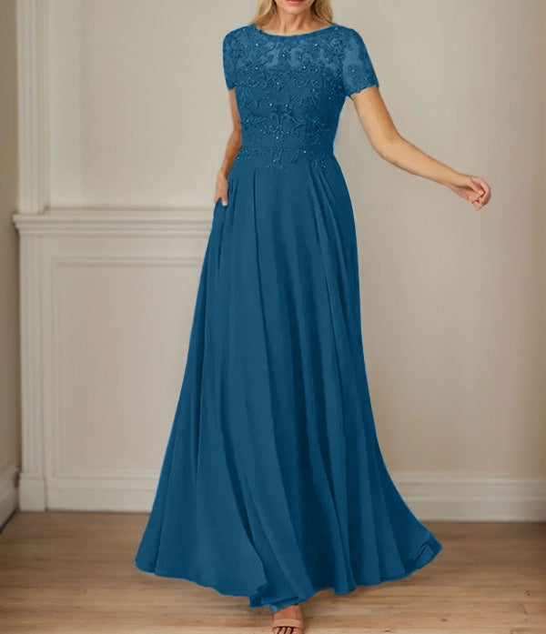 Dark Navy A-Line Boatneck Sequins Chiffon Dress