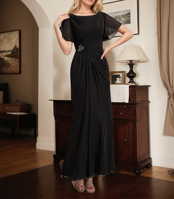 A-line Scoop Ankle-Length Chiffon Mother of the Bride Dress With Beading Pleated