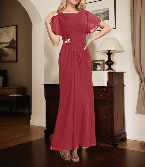 A-line Scoop Ankle-Length Chiffon Mother of the Bride Dress With Beading Pleated