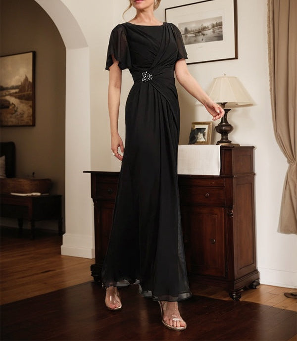 A-line Scoop Ankle-Length Chiffon Mother of the Bride Dress With Beading Pleated