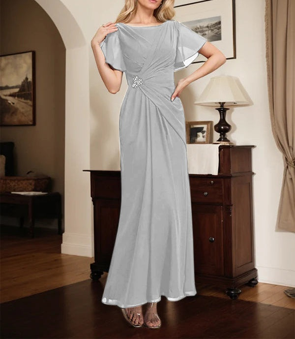 A-line Scoop Ankle-Length Chiffon Mother of the Bride Dress With Beading Pleated