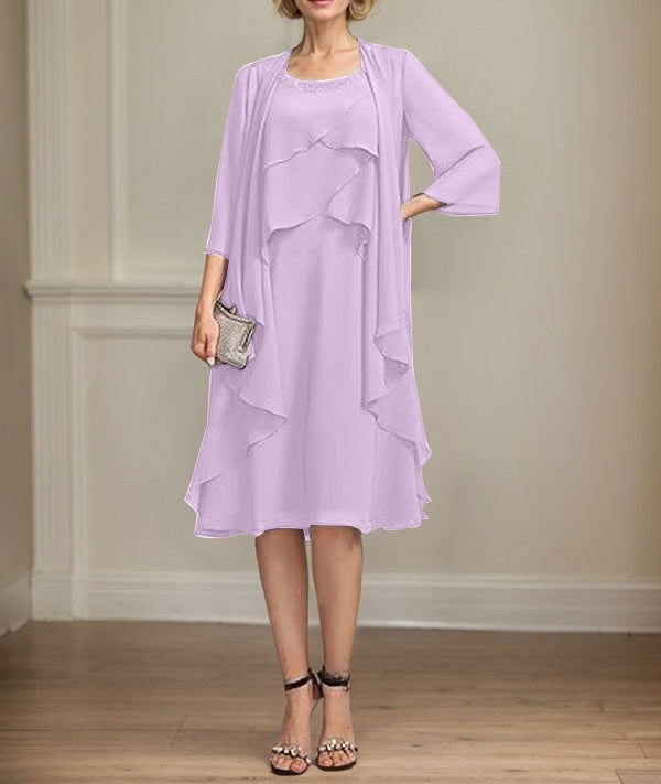 A-line Scoop Knee-Length Chiffon Mother of the Bride Dress With Beading