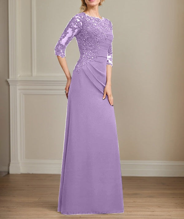 A-line Scoop Floor-Length Chiffon Lace Mother of the Bride Dress With Beading Pleated Sequins