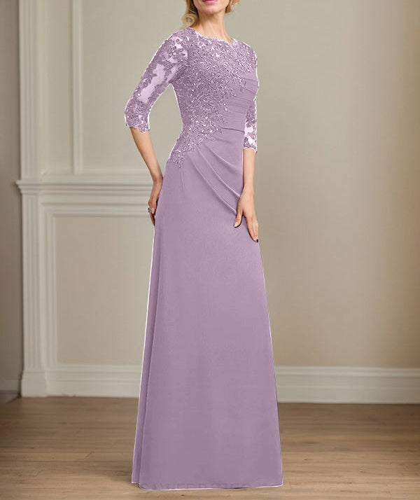 A-line Scoop Floor-Length Chiffon Lace Mother of the Bride Dress With Beading Pleated Sequins