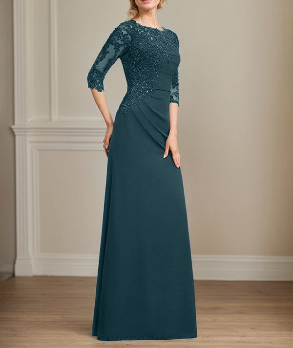A-line Scoop Floor-Length Chiffon Lace Mother of the Bride Dress With Beading Pleated Sequins