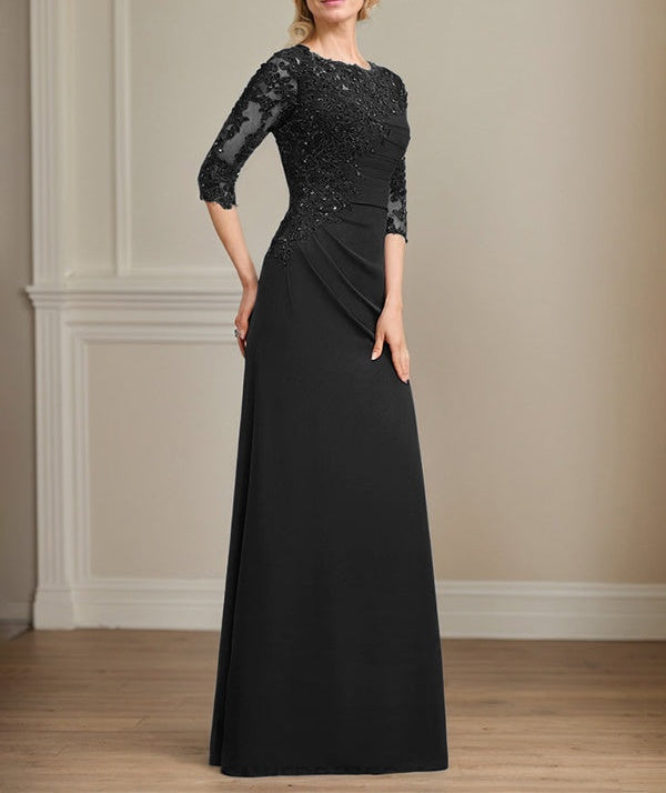 A-line Scoop Floor-Length Chiffon Lace Mother of the Bride Dress With Beading Pleated Sequins