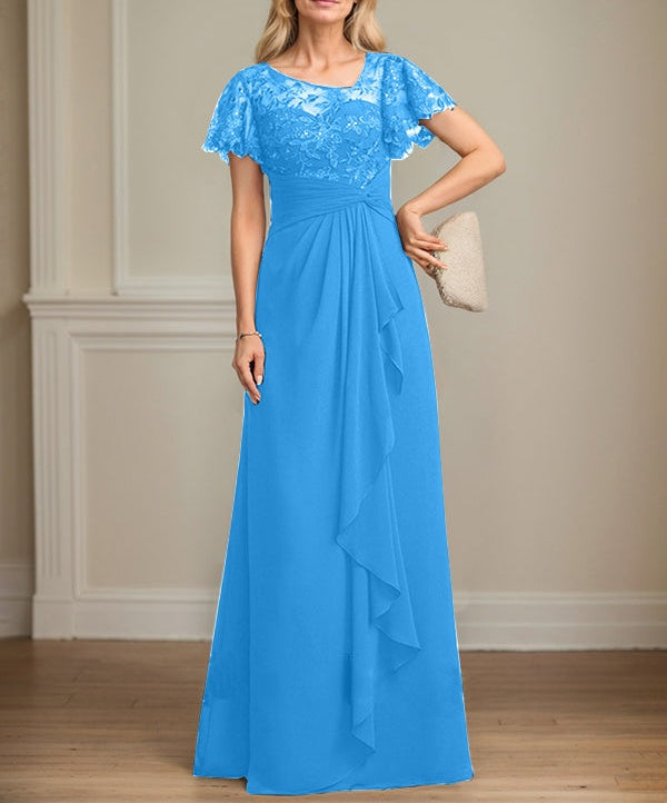 A-line Asymmetrical Illusion Floor-Length Lace Chiffon Mother of the Bride Dress With Cascading Ruffles Sequins