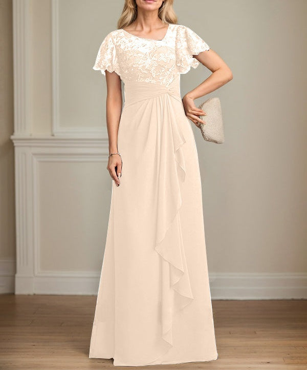 A-line Asymmetrical Illusion Floor-Length Lace Chiffon Mother of the Bride Dress With Cascading Ruffles Sequins