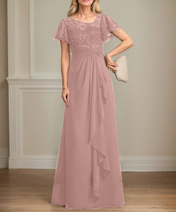A-line Asymmetrical Illusion Floor-Length Lace Chiffon Mother of the Bride Dress With Cascading Ruffles Sequins