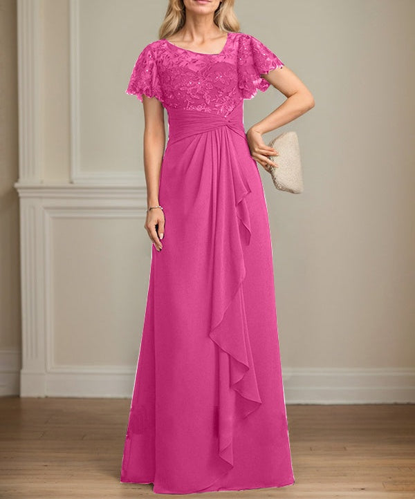 A-line Asymmetrical Illusion Floor-Length Lace Chiffon Mother of the Bride Dress With Cascading Ruffles Sequins