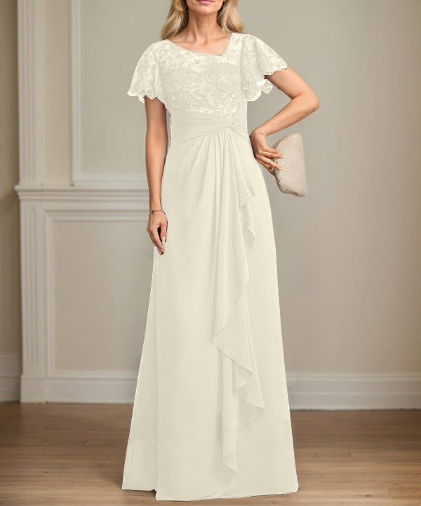A-line Asymmetrical Illusion Floor-Length Lace Chiffon Mother of the Bride Dress With Cascading Ruffles Sequins