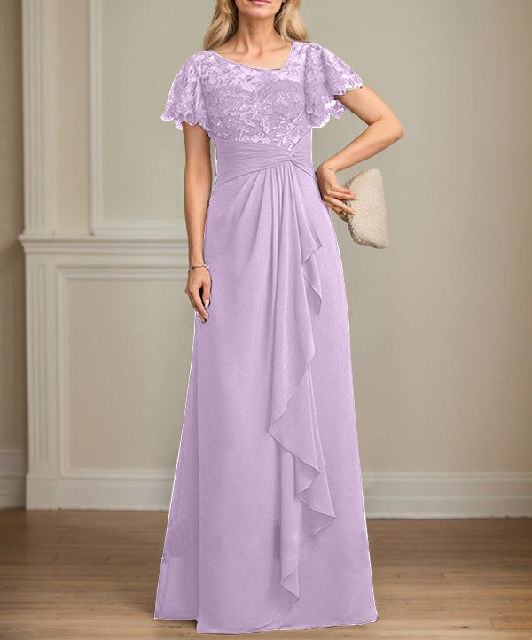 A-line Asymmetrical Illusion Floor-Length Lace Chiffon Mother of the Bride Dress With Cascading Ruffles Sequins