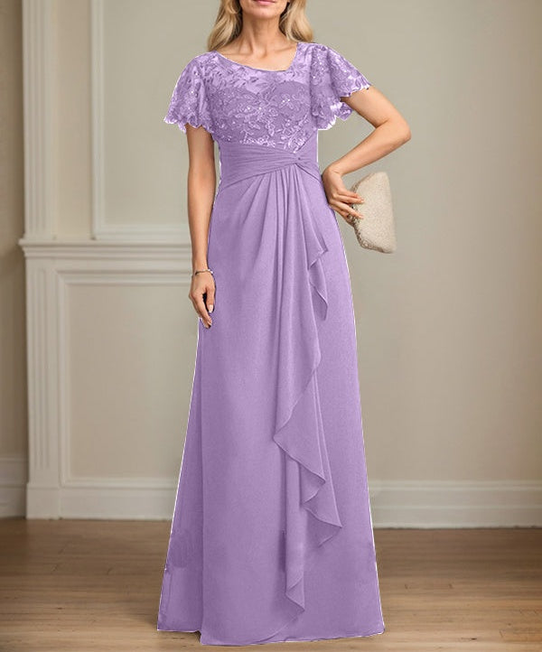 A-line Asymmetrical Illusion Floor-Length Lace Chiffon Mother of the Bride Dress With Cascading Ruffles Sequins