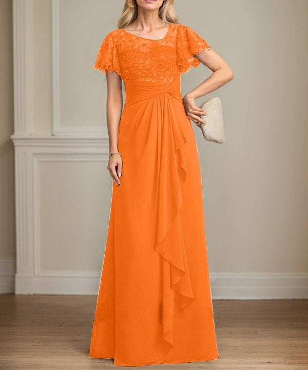 A-line Asymmetrical Illusion Floor-Length Lace Chiffon Mother of the Bride Dress With Cascading Ruffles Sequins