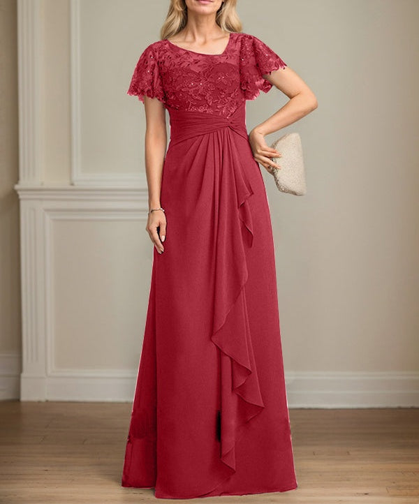 A-line Asymmetrical Illusion Floor-Length Lace Chiffon Mother of the Bride Dress With Cascading Ruffles Sequins