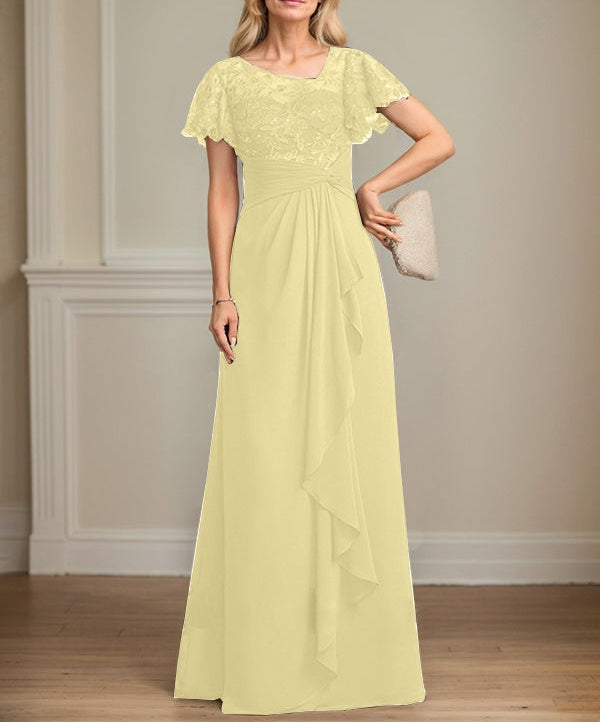 A-line Asymmetrical Illusion Floor-Length Lace Chiffon Mother of the Bride Dress With Cascading Ruffles Sequins