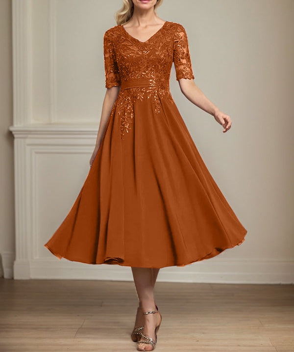 A-line V-Neck Tea-Length Lace Chiffon Mother of the Bride Dress With Sequins